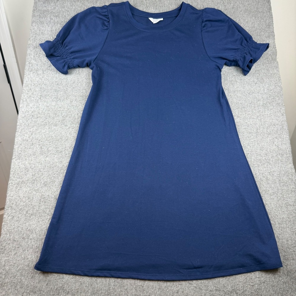 Crown & Ivy T-Shirt Dress Womens Small Navy Blue Puff Sleeve Ruffle A-Line